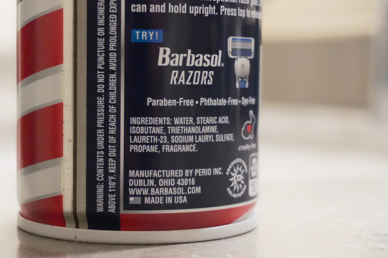 Barbasol Original ingredient list and Made in USA label
