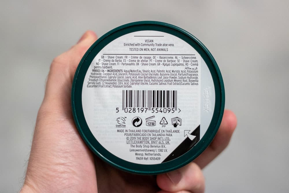 bottom of the body shop shaving cream container