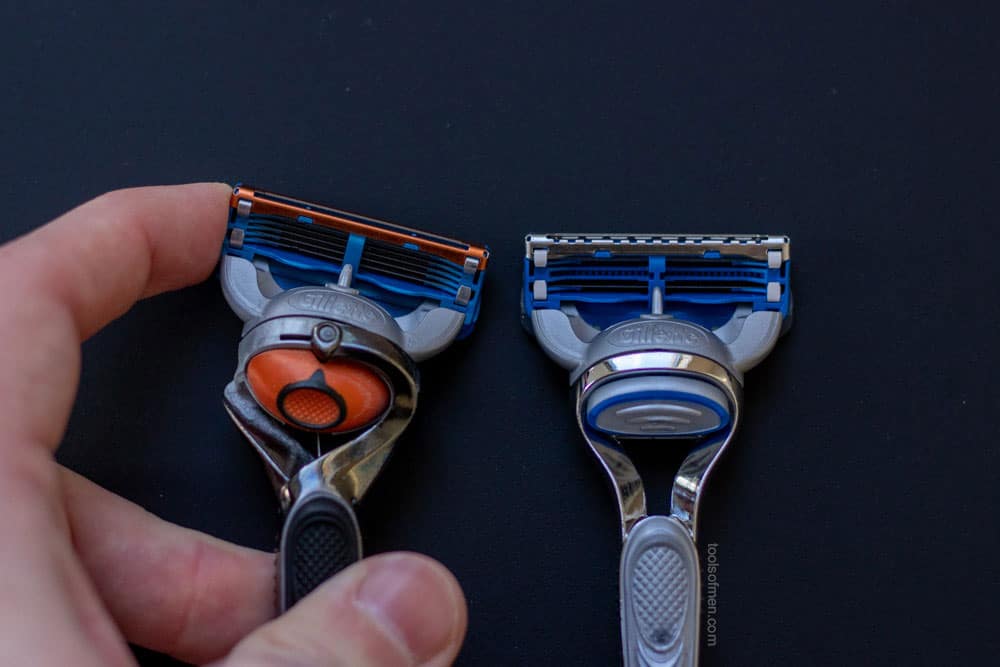 demonstrating side to side tilt of gillette profusion next to skinguard