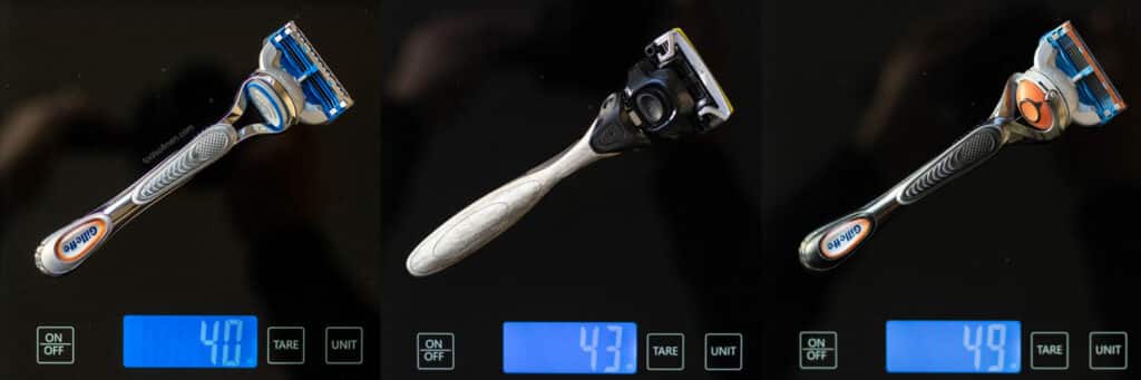 weighing gillette skinguard on a scale next to other razors