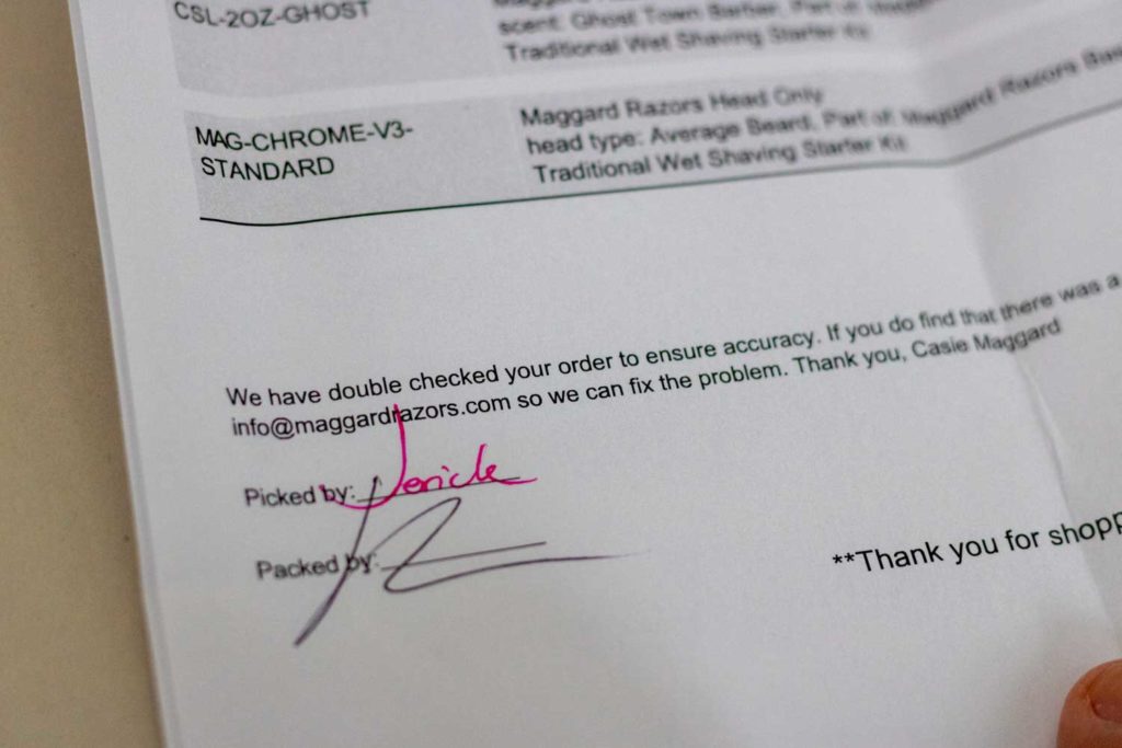 quality control signature by a maggard razors employee