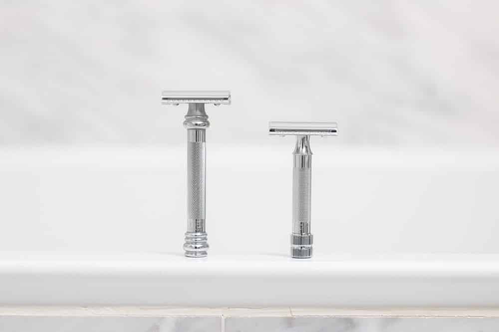 both the merkur 34c and 38c standing up on bathtub ledge