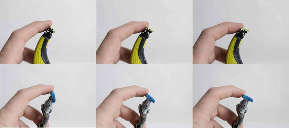 demonstrating the pivot range of the oneblade trimmer to a cartridge razor