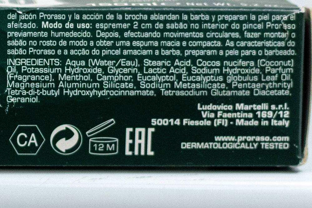 Proraso Ingredient Label