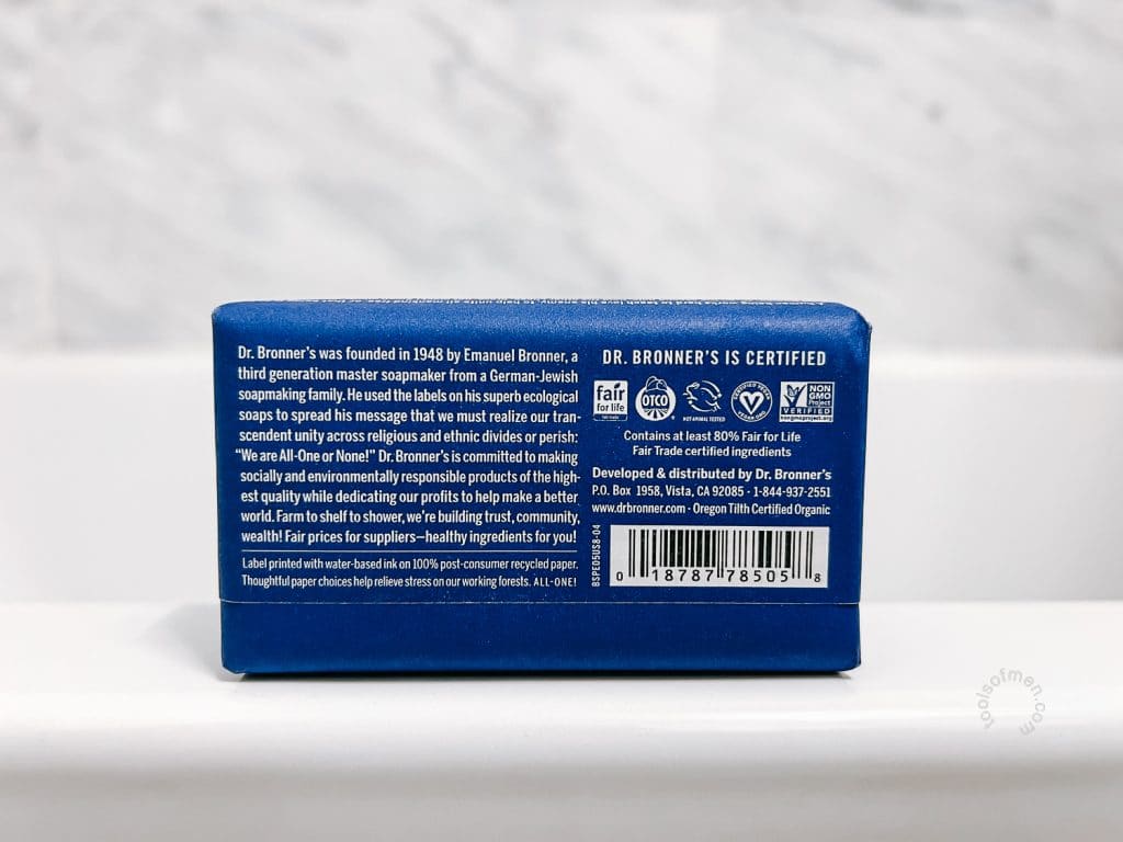 Dr Bronners Bar Soap Back Packaging