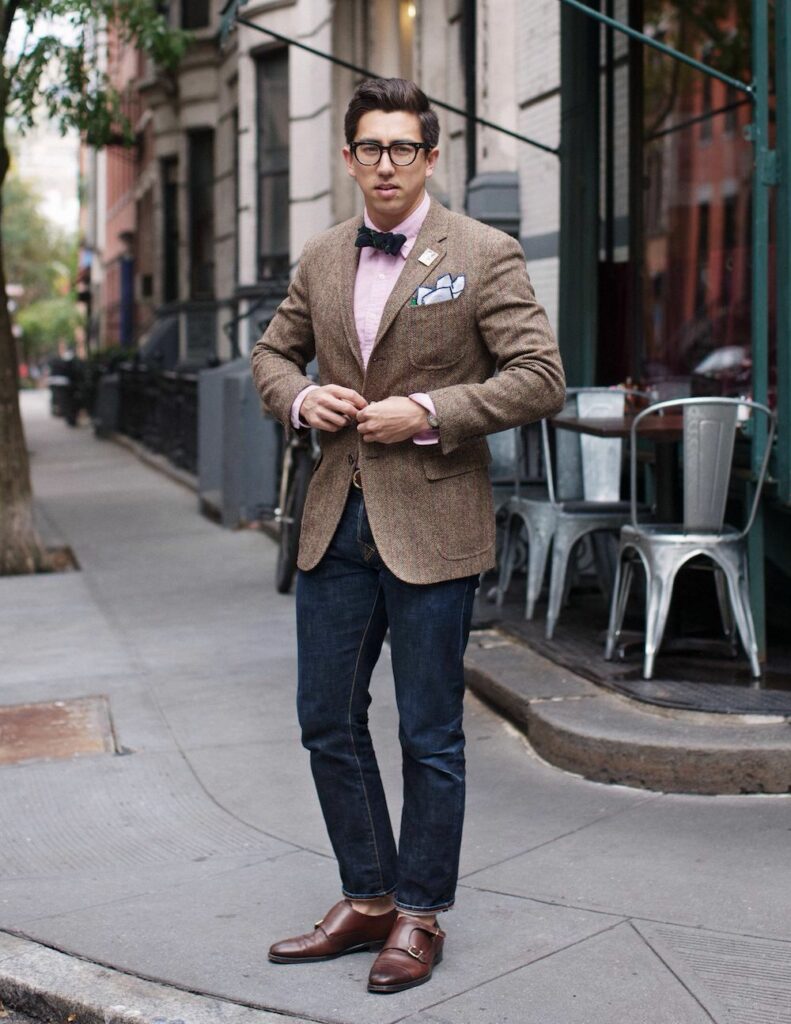 Tweed blazer and double monk strap shoes