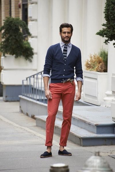 espadrilles with red chinos button down tie and sweater