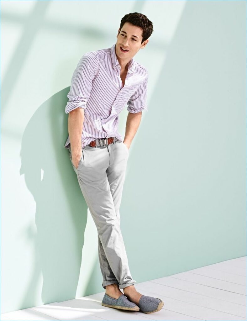 light grey chinos with button down and espadrilles