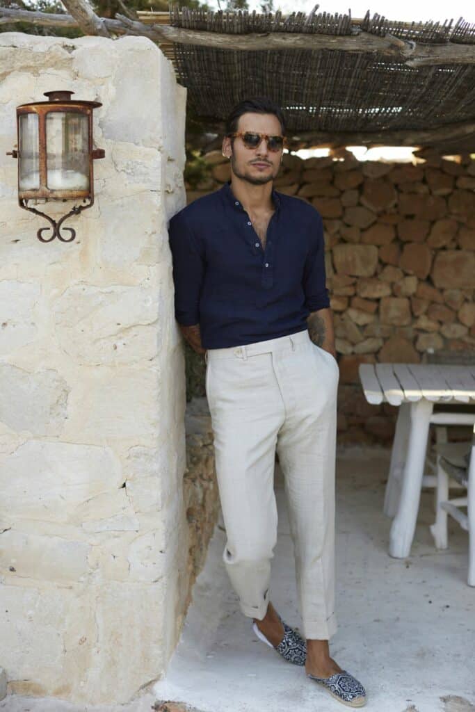 linen trousers and collapsible espadrilles