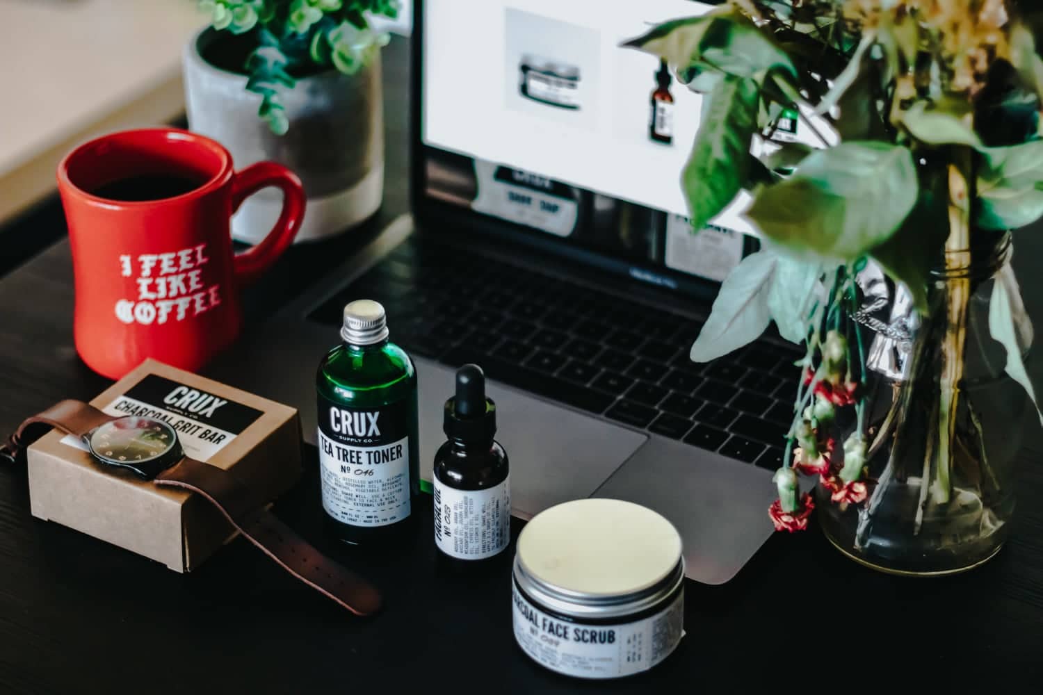grooming products on a desk