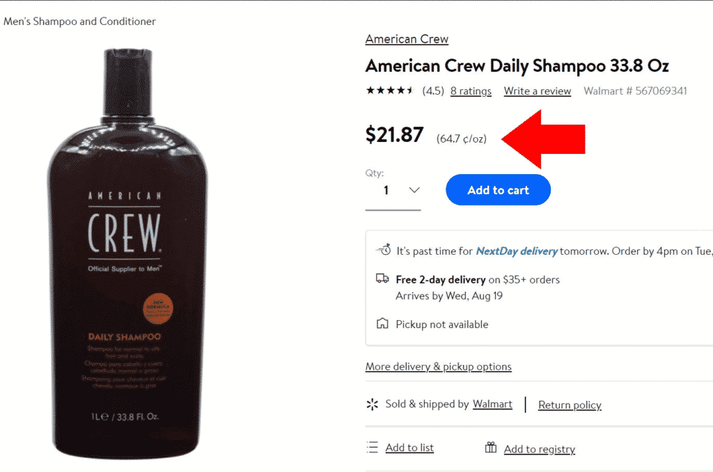 arrow pointing price per ounce for grooming product