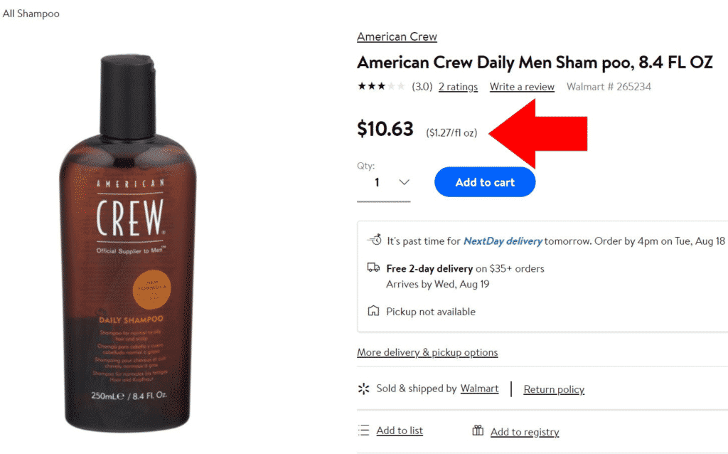 arrow pointing price per ounce on another grooming product
