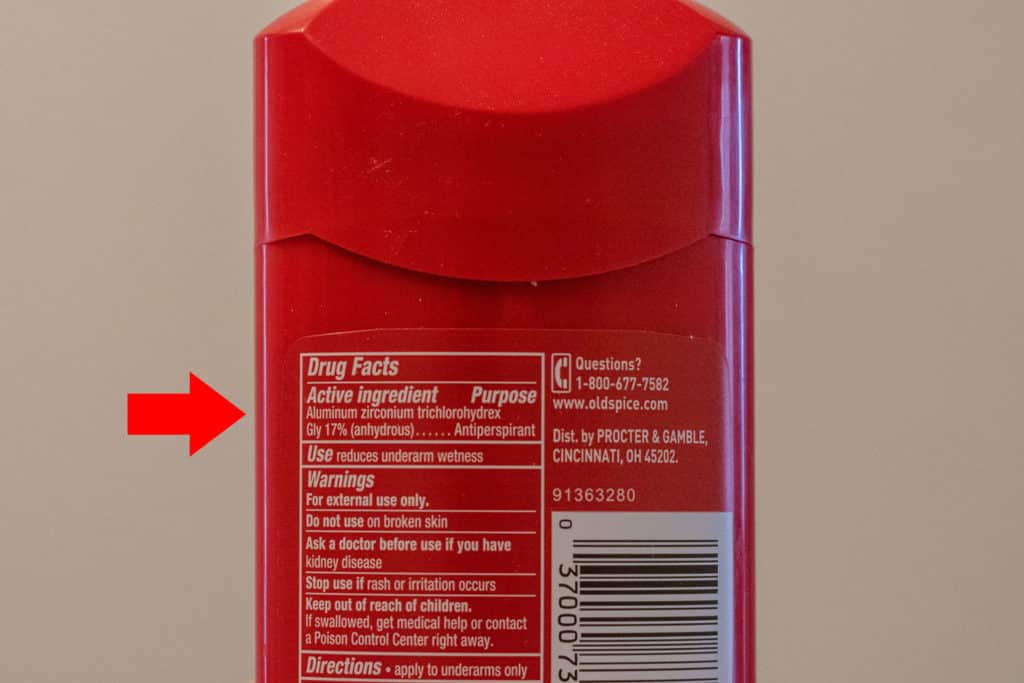 arrow pointing to active ingredients in antiperspirant