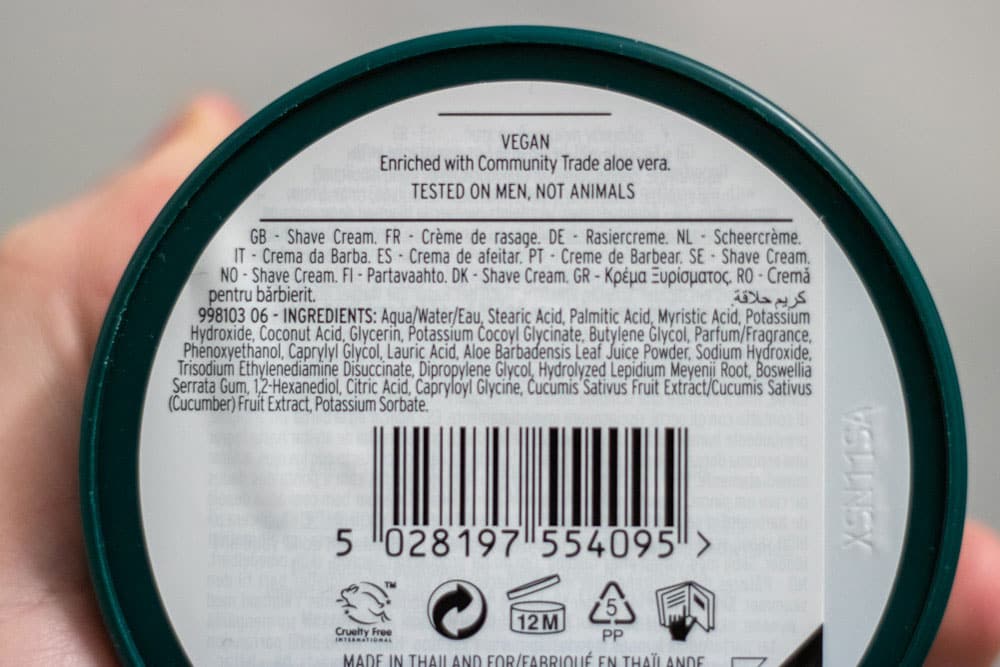 back ingredient label of the body shop shaving cream