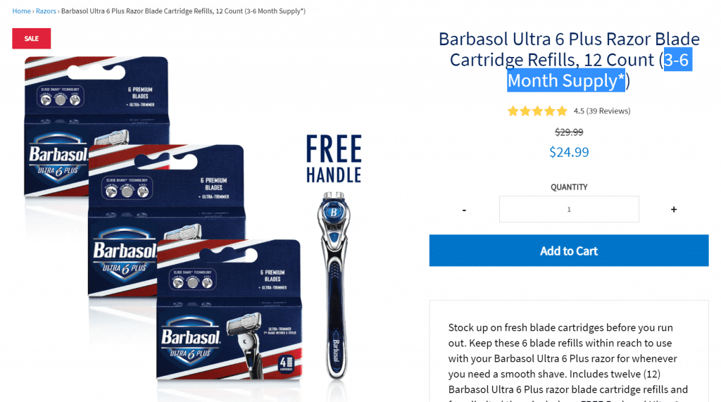barbsol razor product page drawing attentiont that their multipack lasts 3 to 6 months