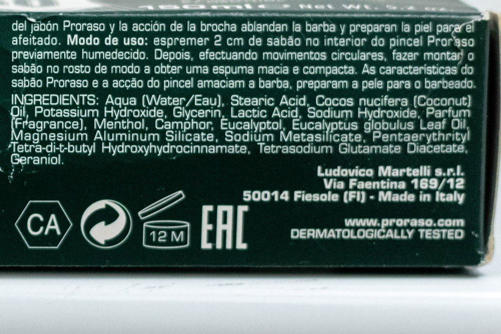 closeup of proraso shaving cream ingredient label