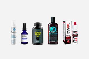 five beard growth products isolated on plain background