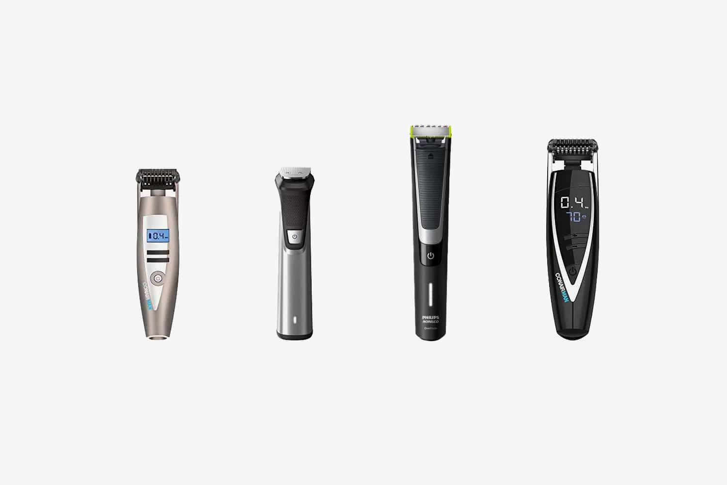 four different stubble trimmers isolated on a white background