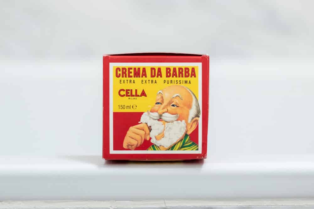 front of cella shaving cream packaging