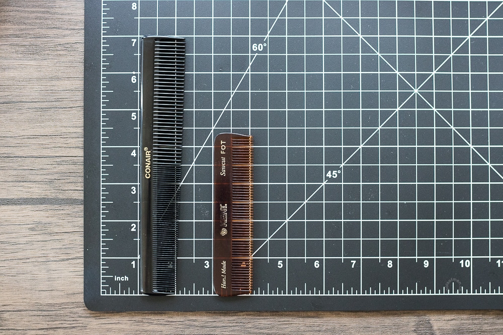 hair and beard comb on a measuring mat