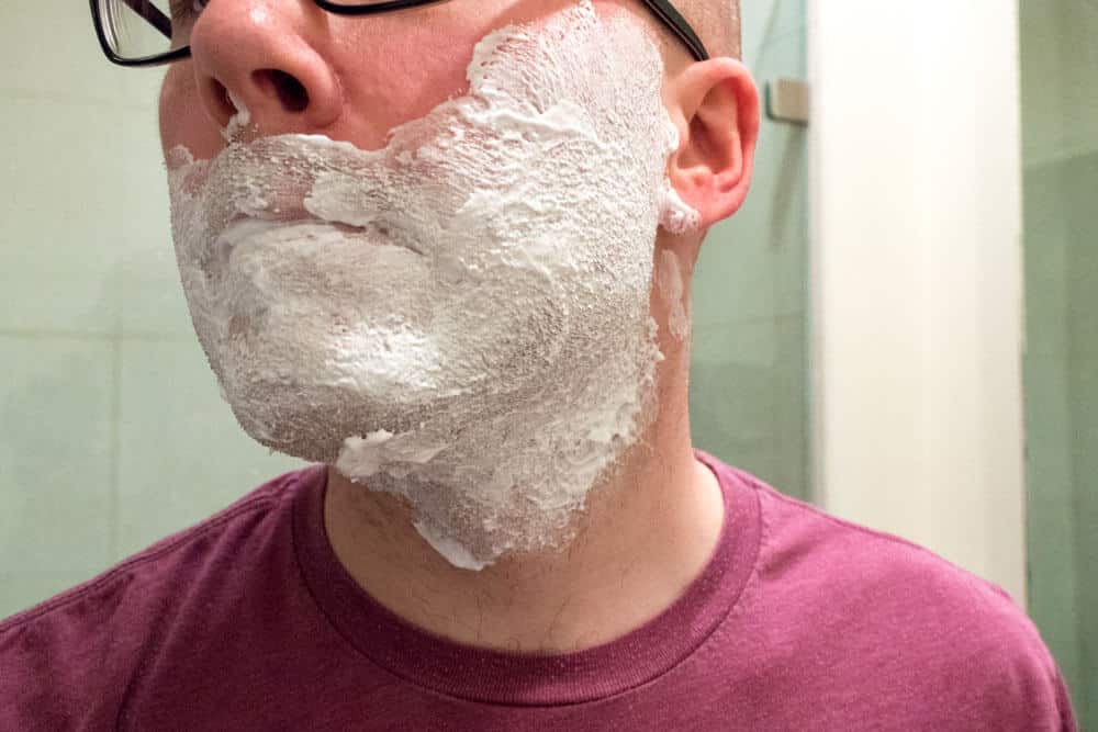 man with harrys shaving gel on face