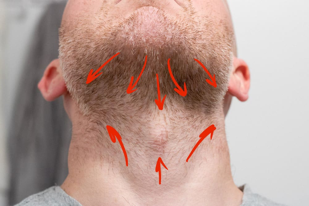 man with head tilted up showing facial hair growth direction red arrows indicate direction