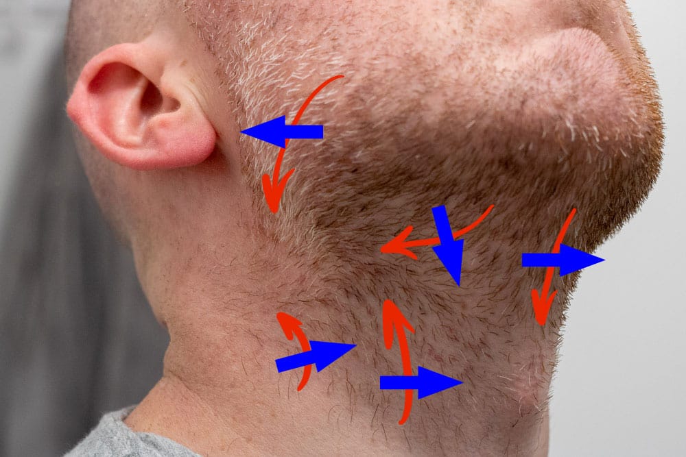 mans beard with red arrows showing natural growth and blue arrows running perpendicular for across the grain shaving