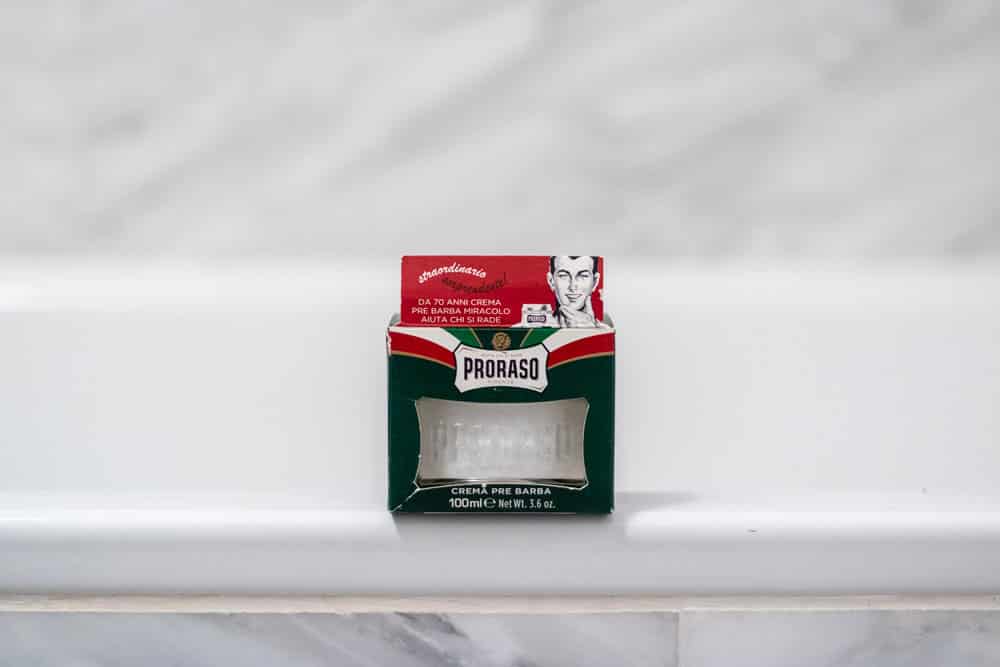proraso pre shave cream on bathtub ledge