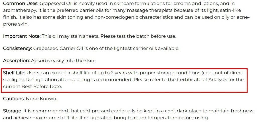 screencap of grapeseed oil specs for industrial use