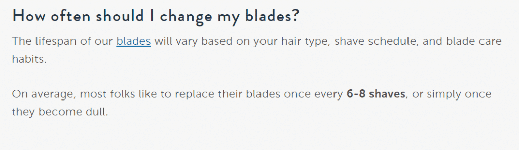 screencap of harrys saying that their blades last 6 to 8 shaves