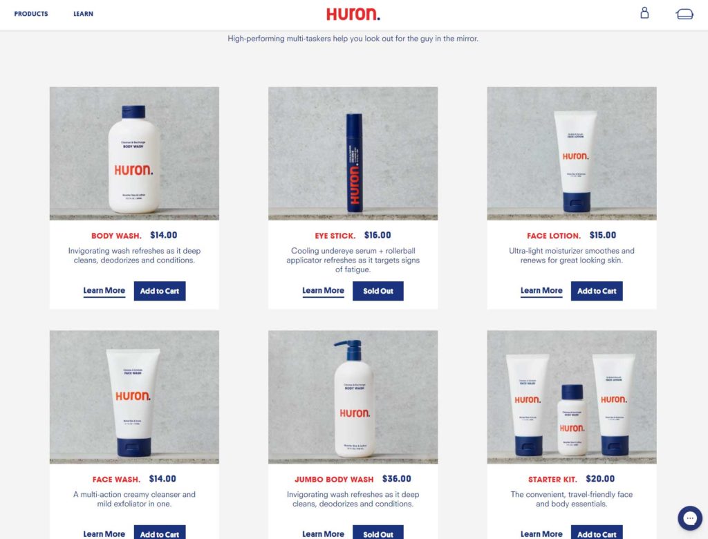 screencap of huron website product lineup
