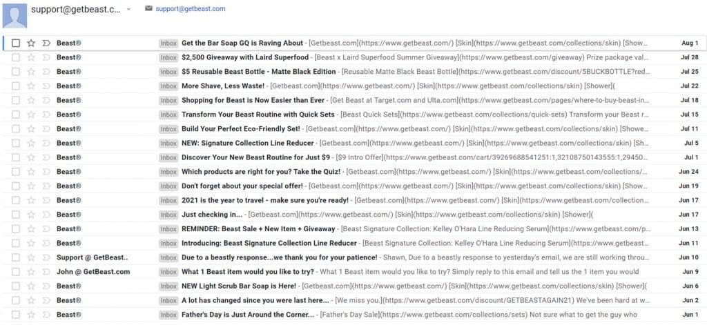 screencap of inbox with all emails sent by beast skincare