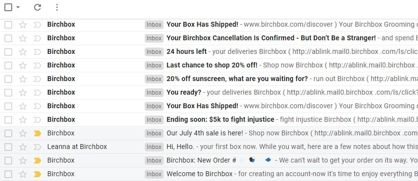 screencap of inbox with several birchbox promo offers