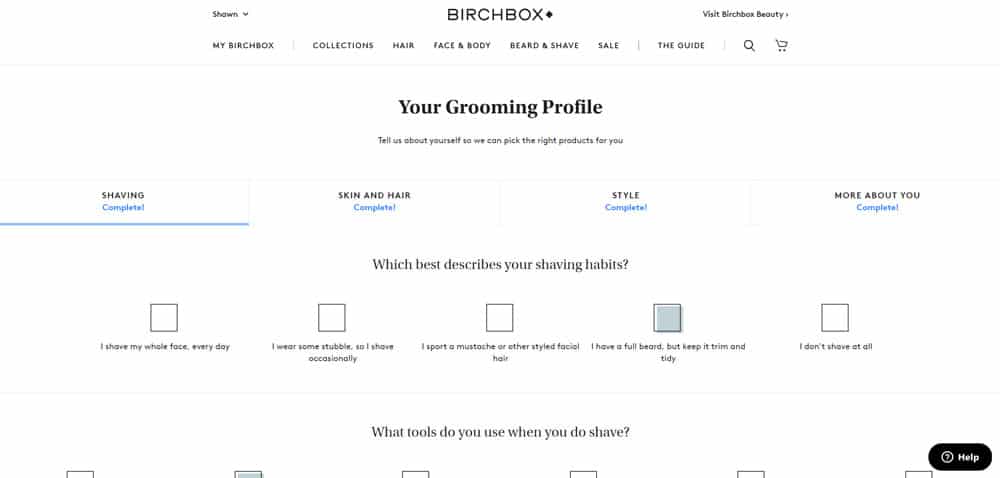 screencap of personal birchbox grooming profile