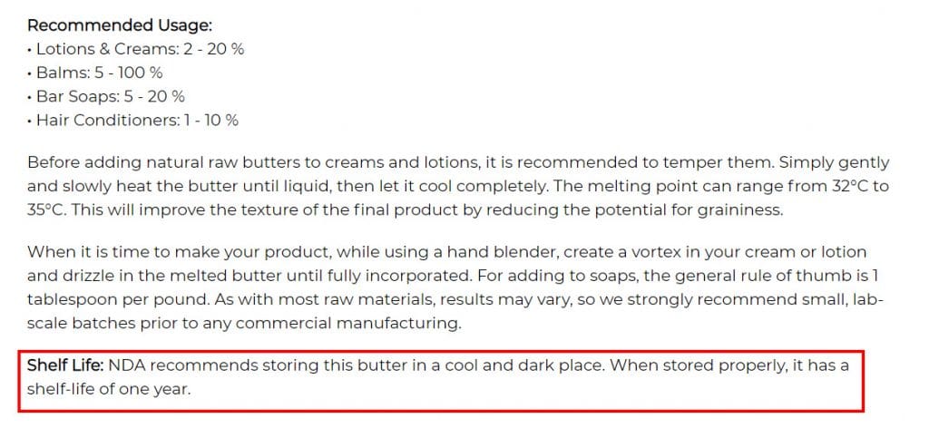 screencap of shea butter specs for industrial use