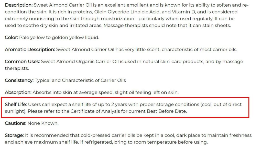 screencap of sweet almond oil specs for industrial use