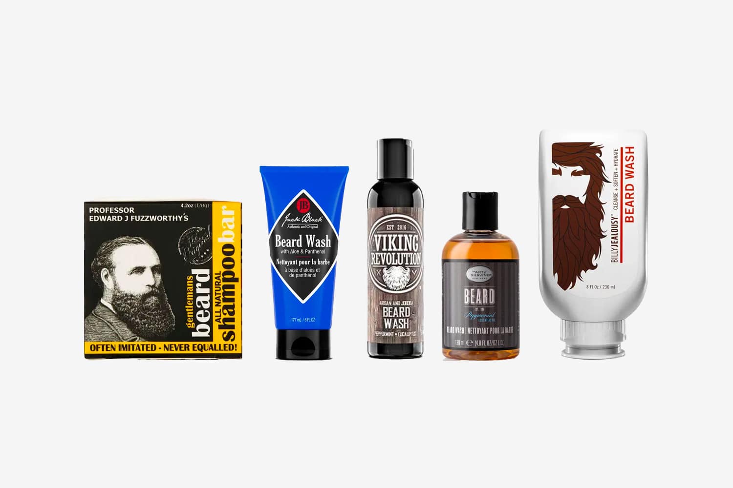 several beard wash containers isolated on plain background