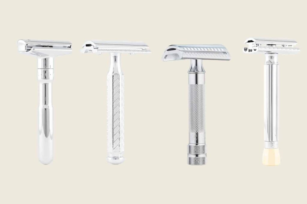 several safety razors next to each other with different handle styles