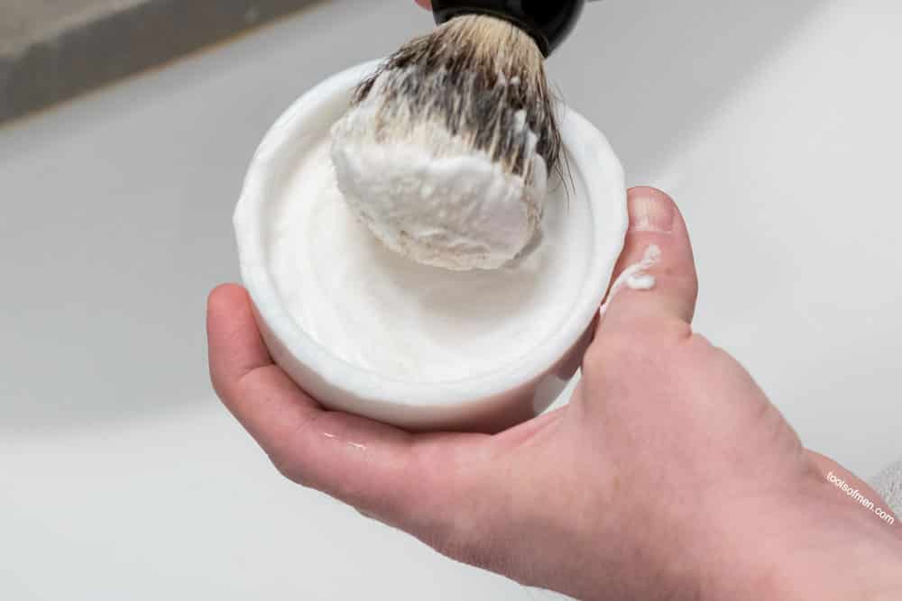 shaving brush with soap loaded on bristle tips