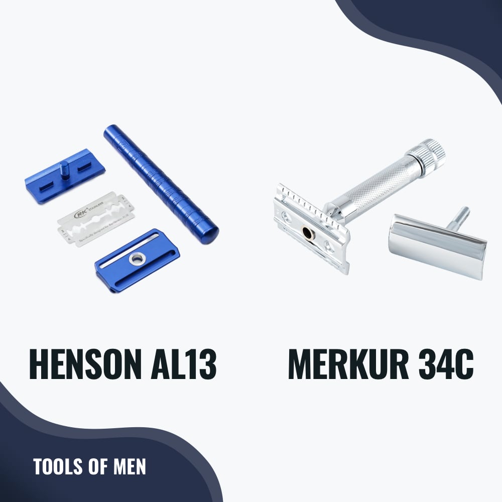 side by side view of the number of pieces on both the henson al13 and merkur 34c