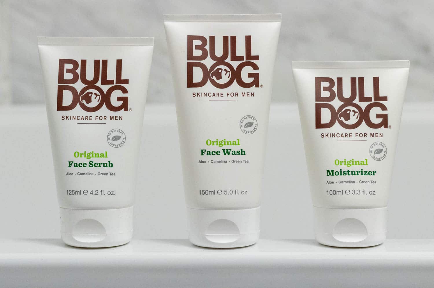 three bulldog skincare products on a ledge