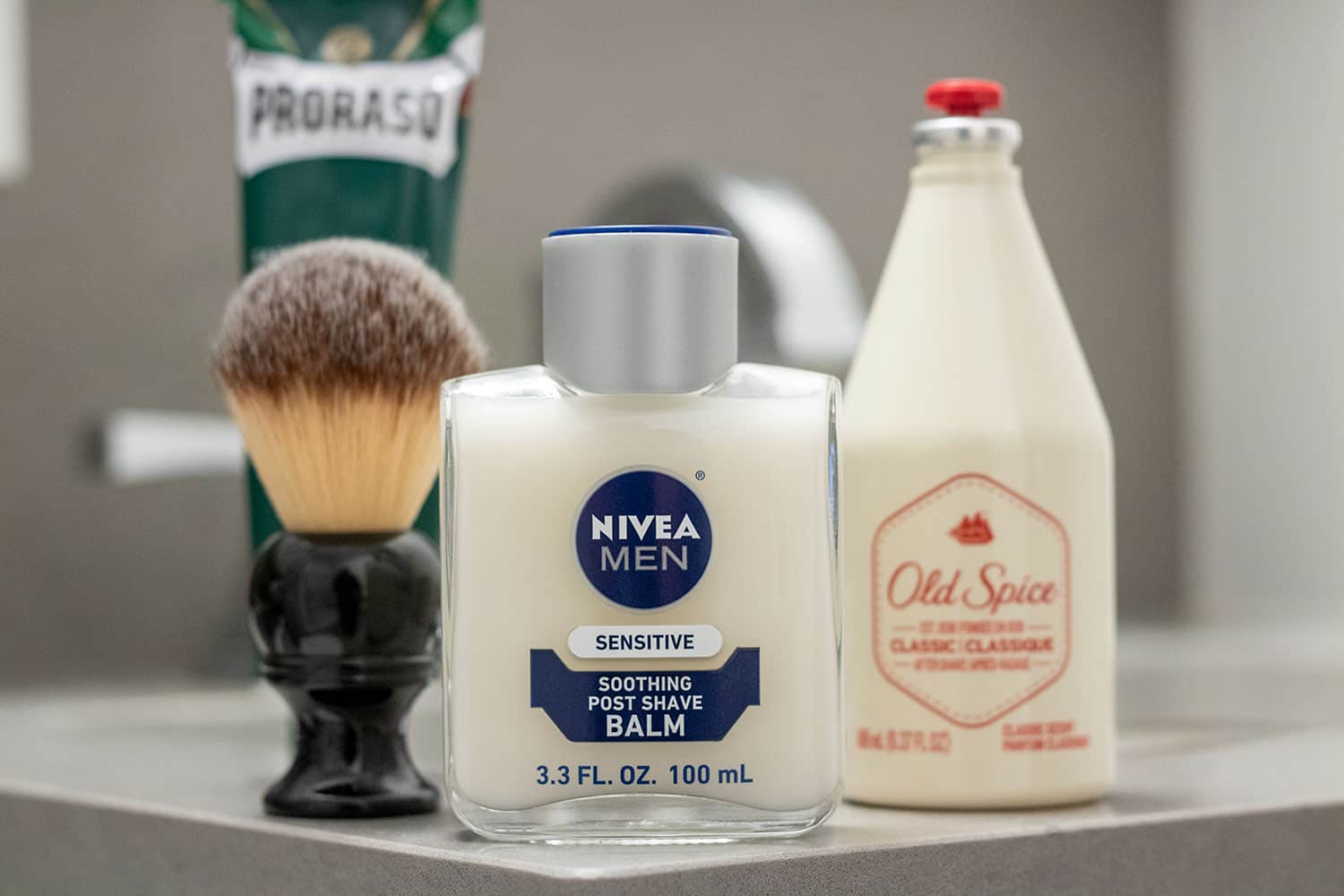 various aftershave products on bathroom countertop