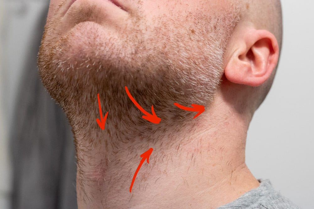 view of mans neck with arrows indicating facial hair grain direction