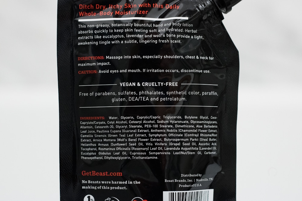 view of the back of the beast skincare body lotion