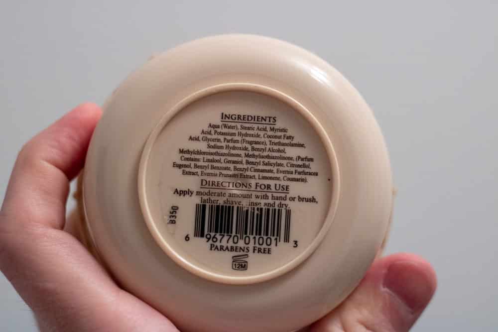 view of the ingredient list in taylor of old bond street shaving cream
