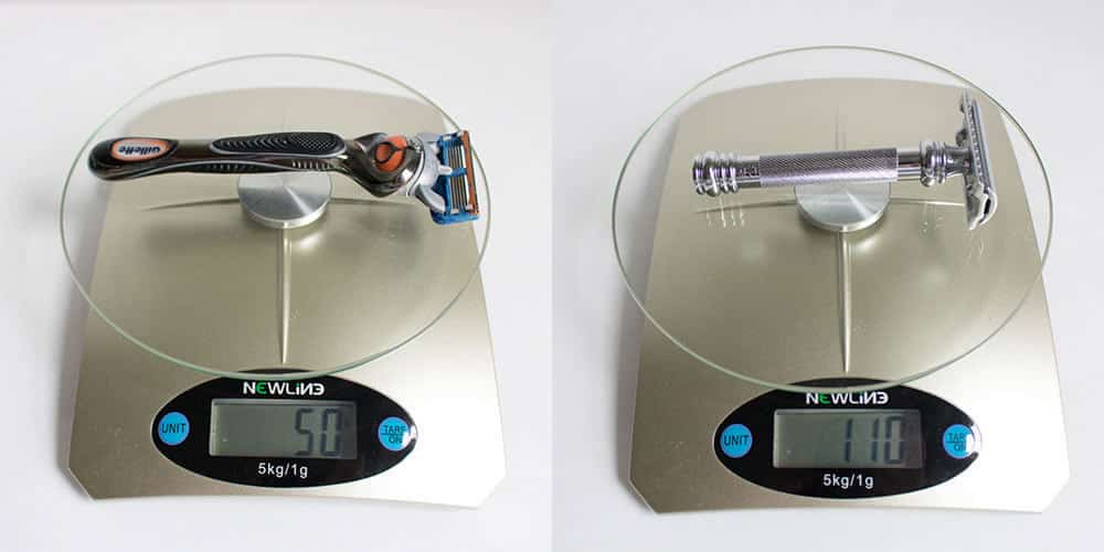 weighing gillette and merkur razors on a scale