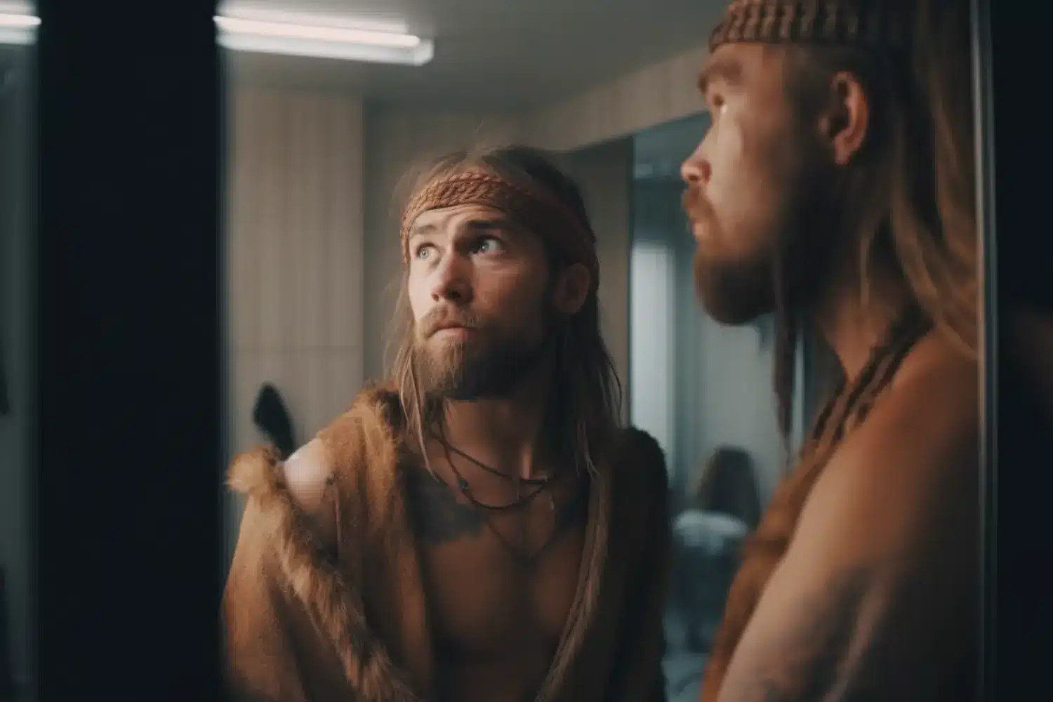 man in caveman outfit looking up away from mirror