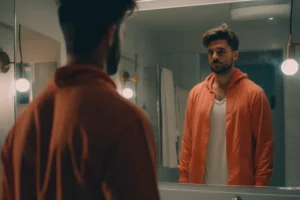 man with a orange hoodie staring into mirror