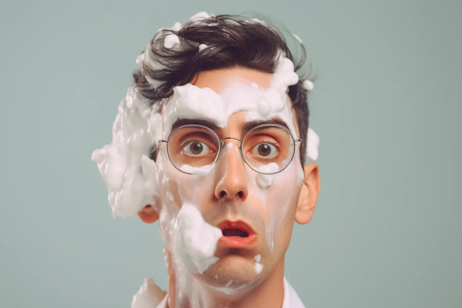 closeup of man with glasses and soap on face