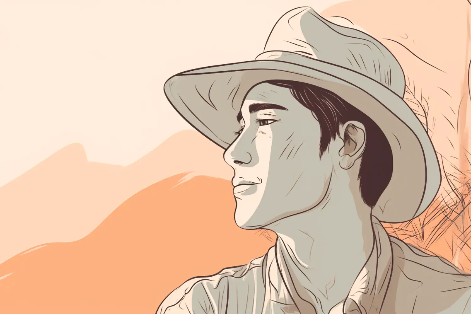 illustration of a man outside in a wide brimmed hat